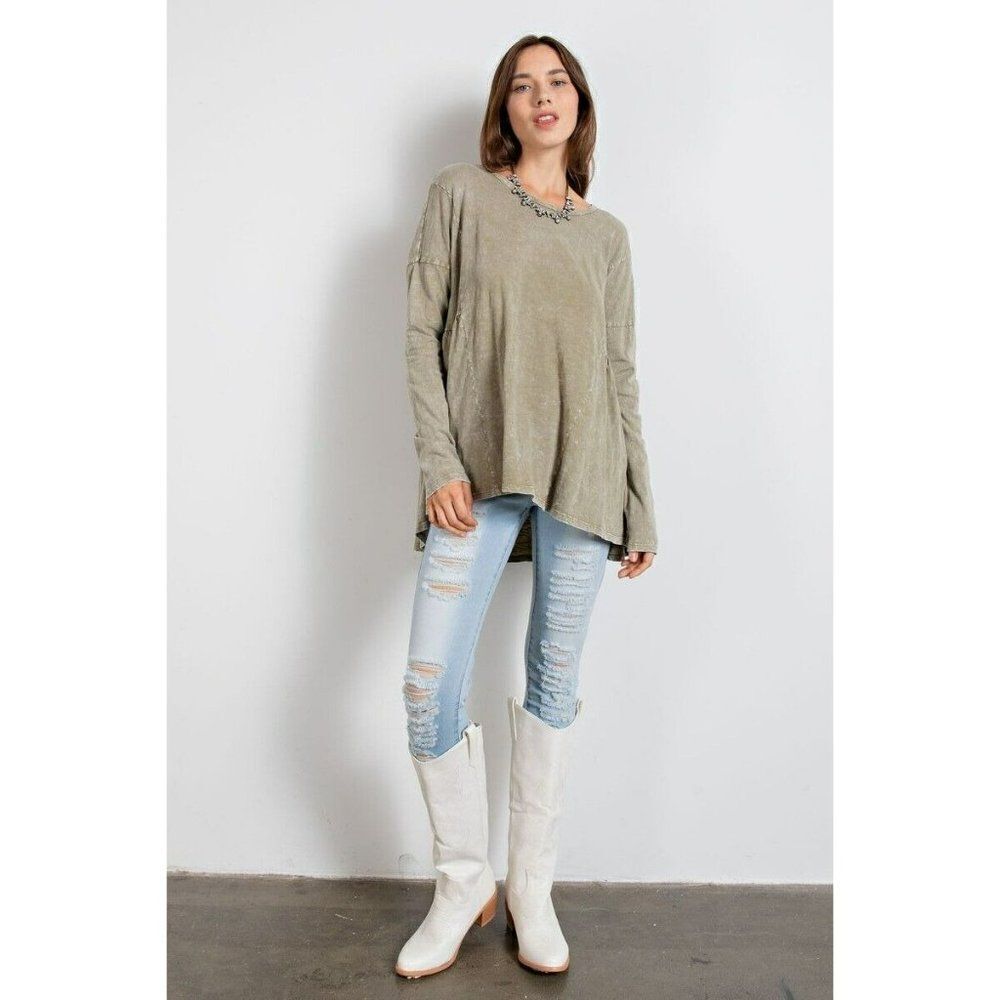 LAST ONE! Easel Oversized Washed Cotton Long Sleeve Tunic Top Faded Sage ET18211 - Picture 2 of 5
